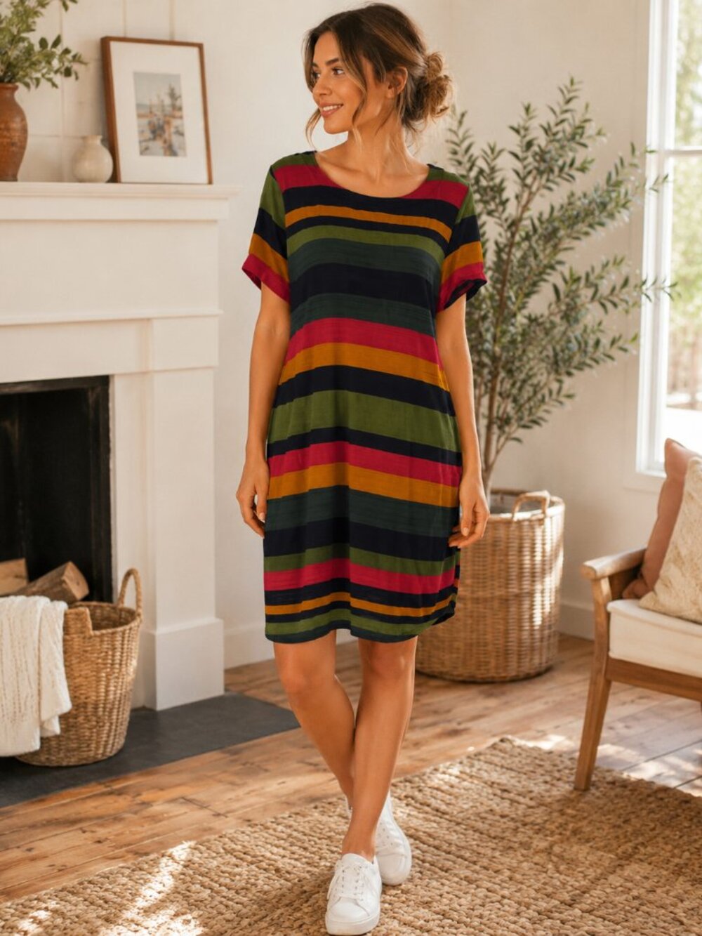 Marant Rainbow Stripe T Shirt Dress Medium Casual Lightweight Pocket Weekend Tee